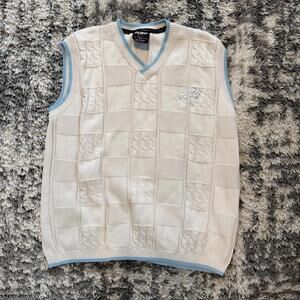 Vintage FUBU Sports Sweater Vest XL Cream Blue Cable Knit Y2K Streetwear